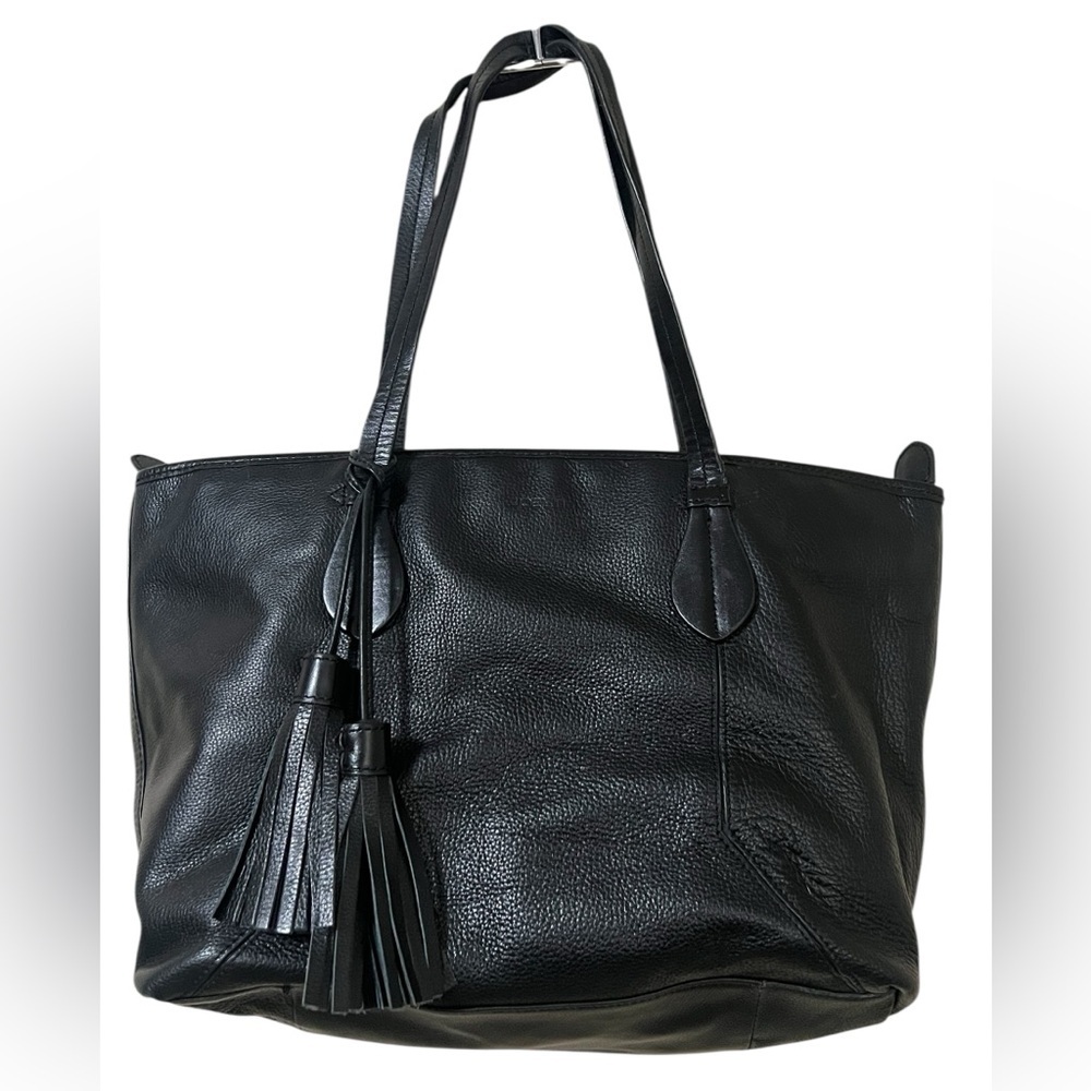 Joe’s Jeans black pebbled leather zipper closure tassel tote bag minimalist